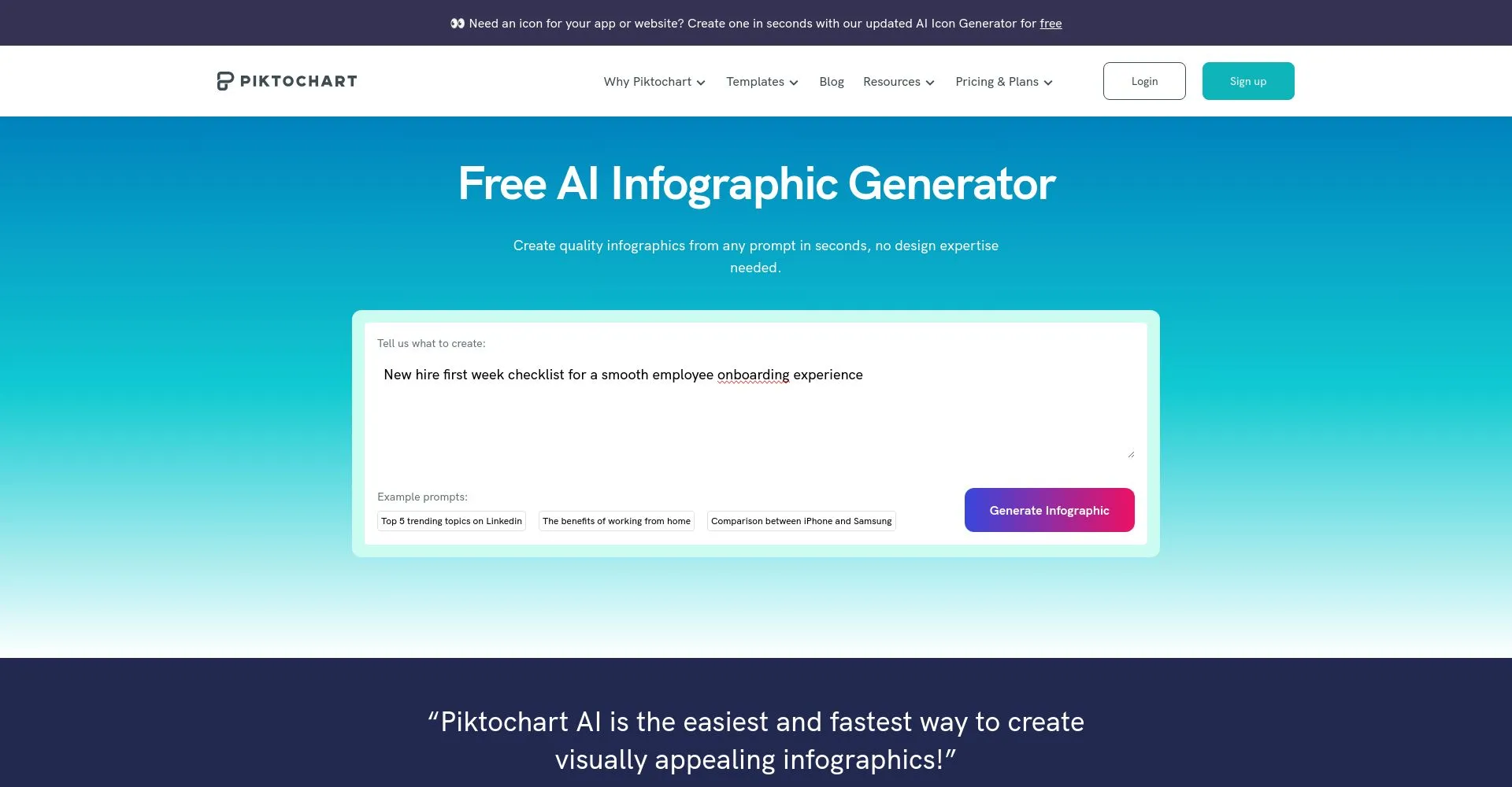 Captura de pantalla del sitio web de Piktochart mostrando su generador de infografías AI gratuito