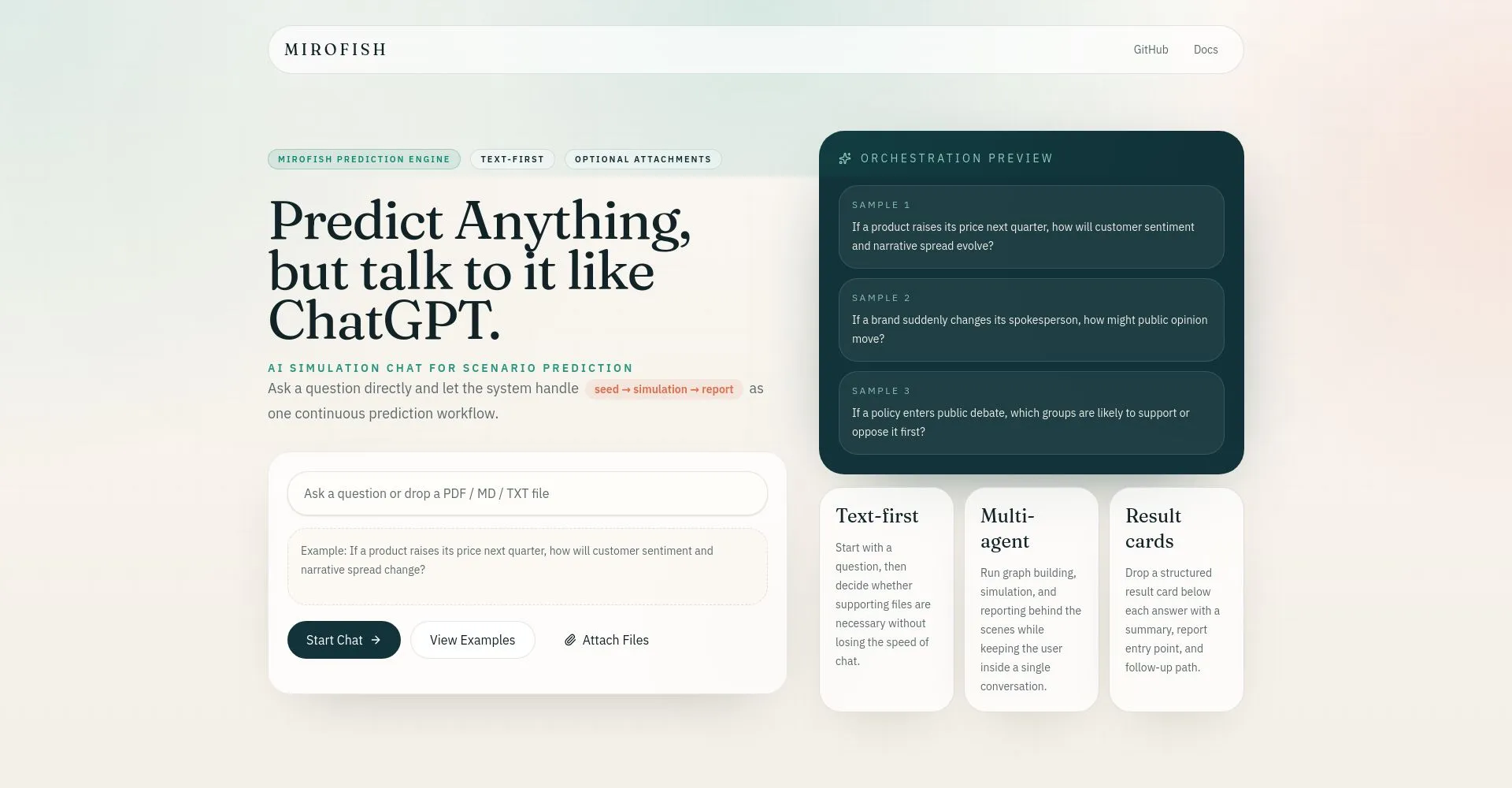 Interfaz de Mirofish para predicciones y simulaciones
