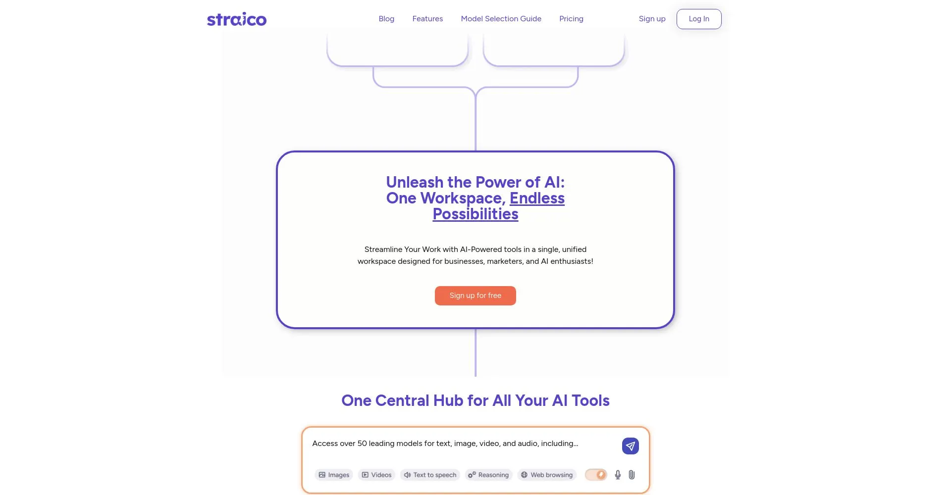 Imagen de la página de inicio de Straico con herramientas de IA