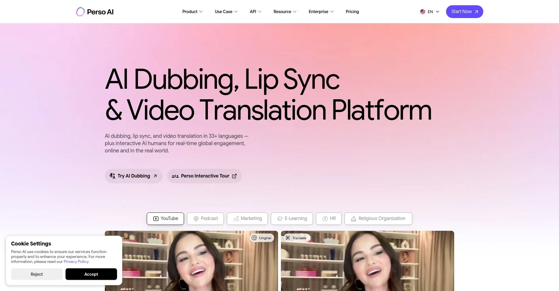 Captura de pantalla de la plataforma de doblaje y traducción de video con IA, Perso AI