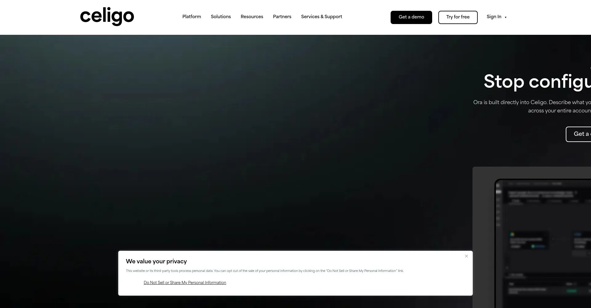 Captura de pantalla del sitio web principal de Celigo