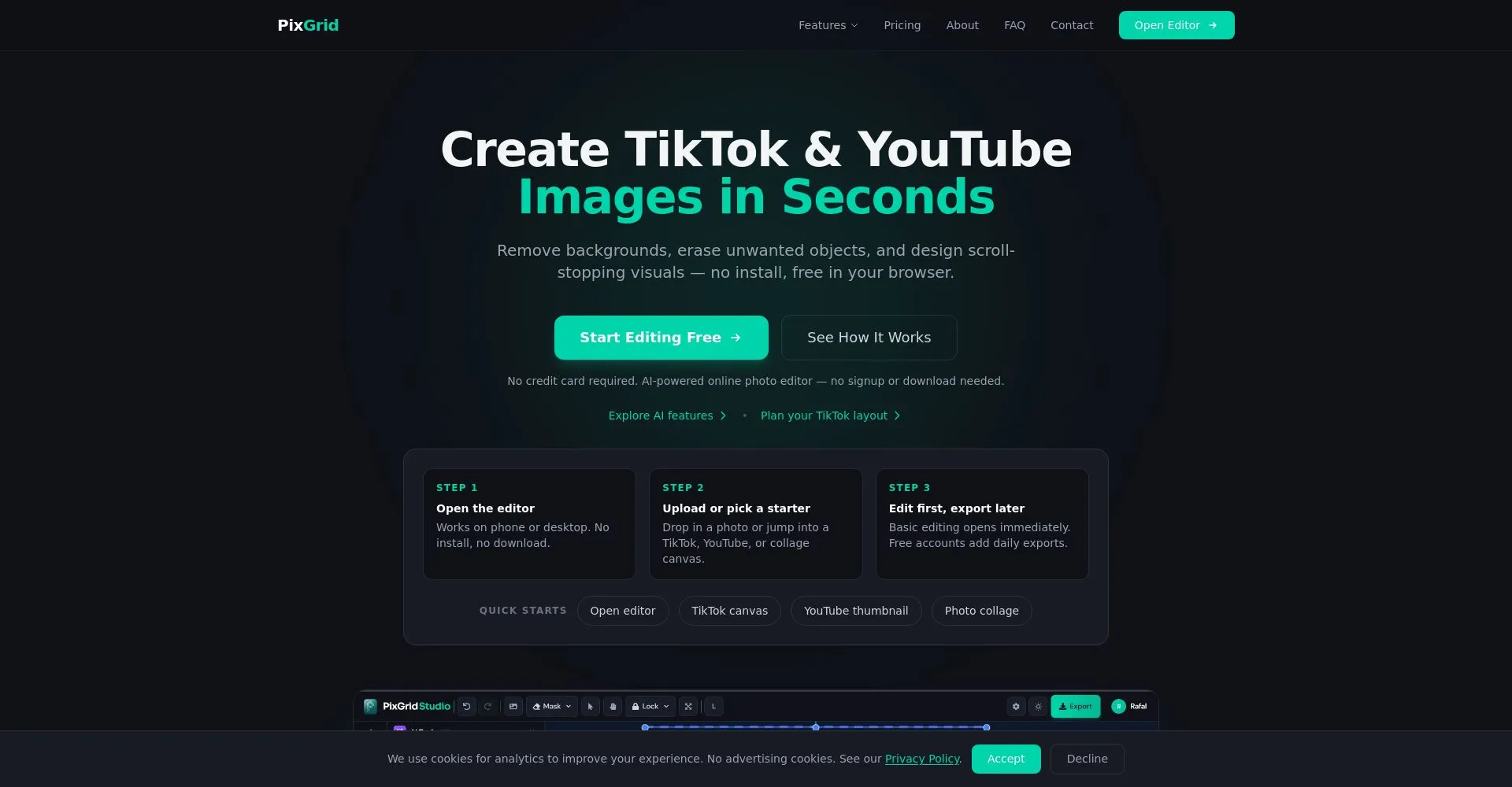 Página principal de PixGrid para crear imágenes de TikTok y YouTube