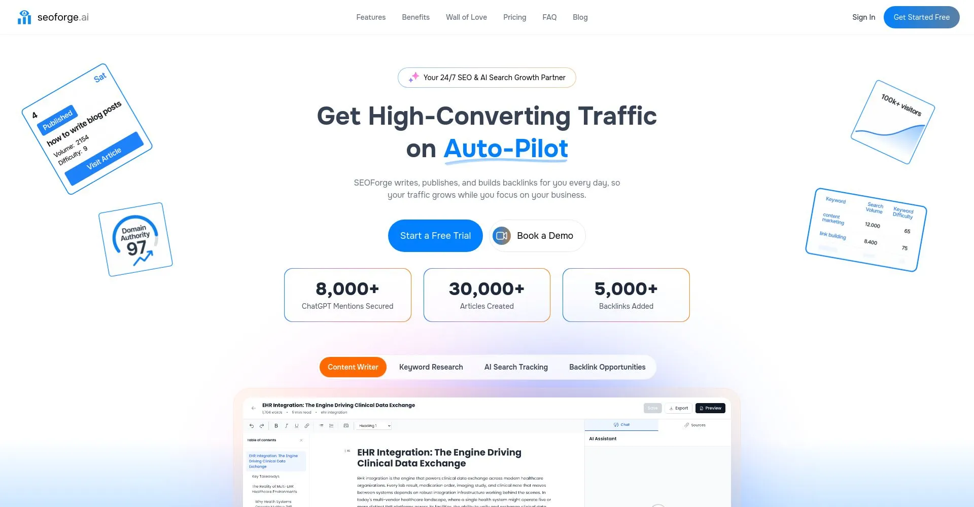 Página de inicio de SEOFORGE mostrando servicios de SEO y beneficios
