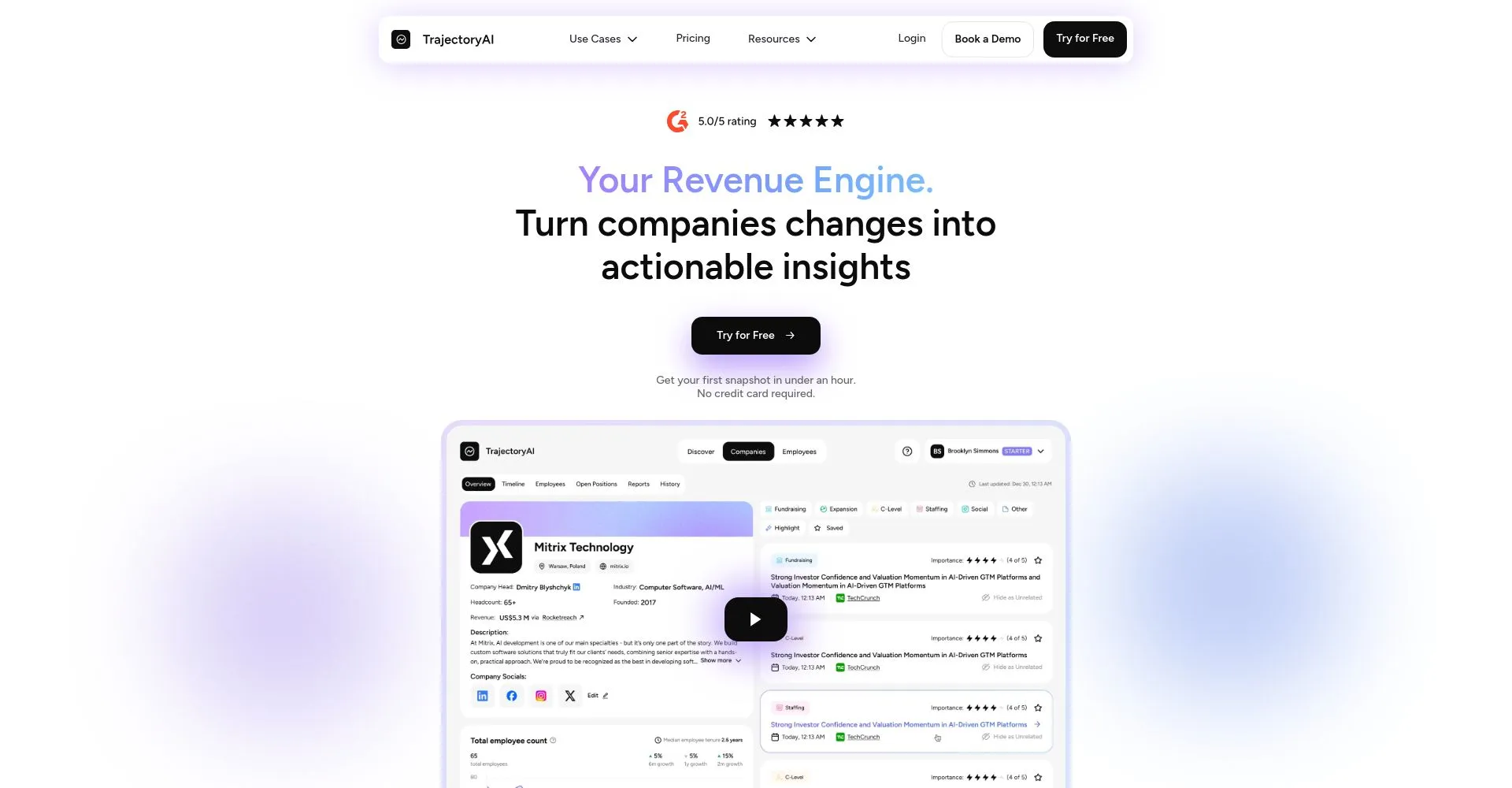 Página de inicio de TrajectoryAI con detalles sobre insights accionables