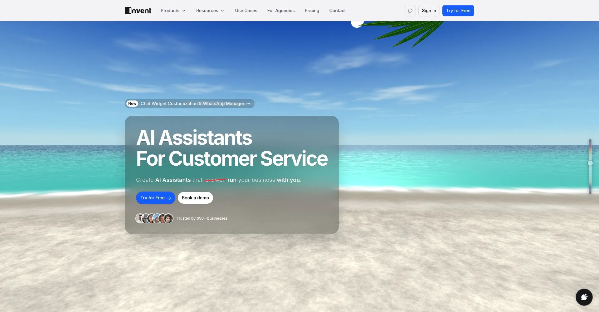 Playa tranquila con el texto 'AI Assistants For Customer Service' y botones de llamada a la acción.