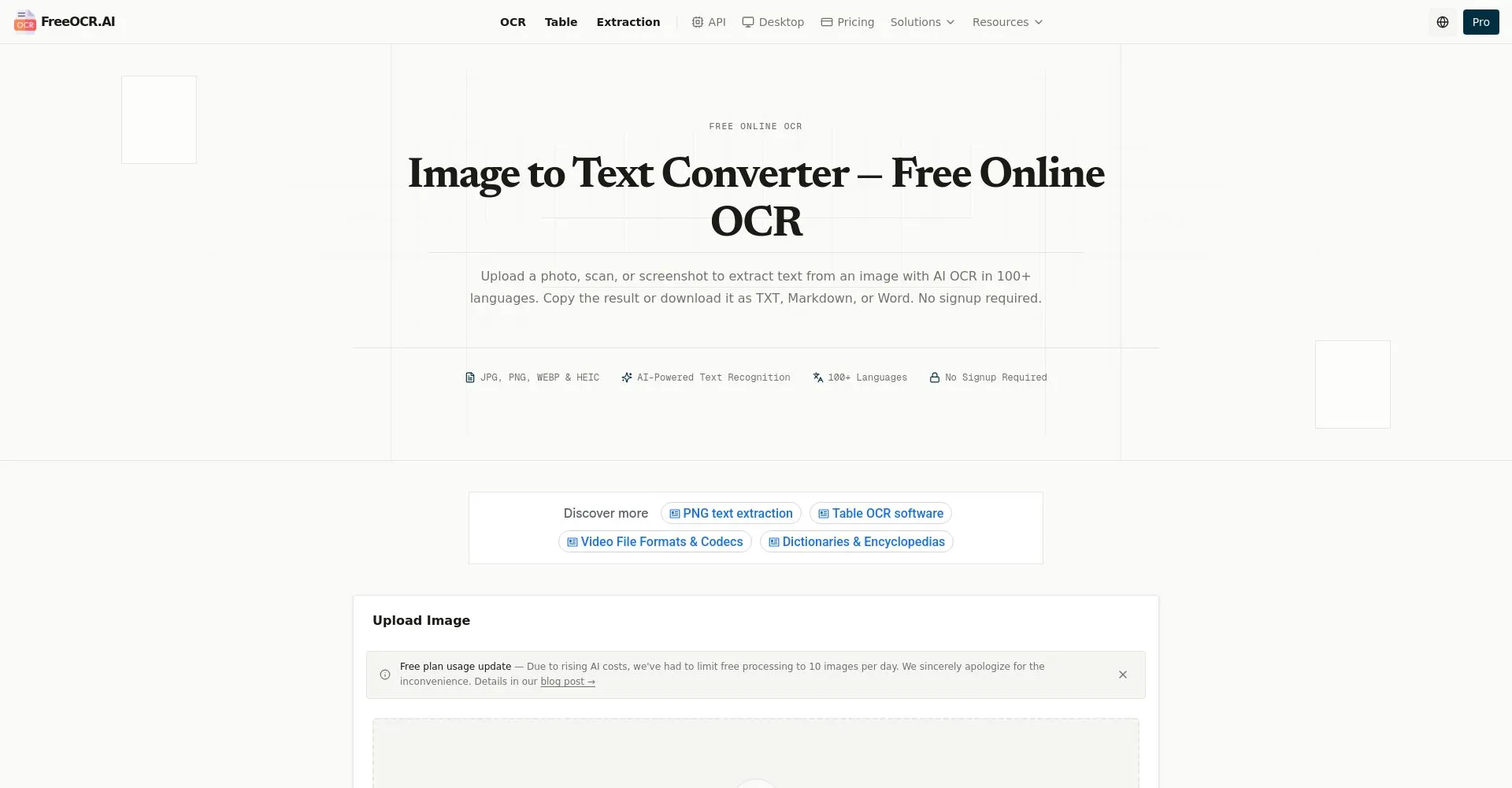 Captura de pantalla de FreeOCR.AI para OCR en línea