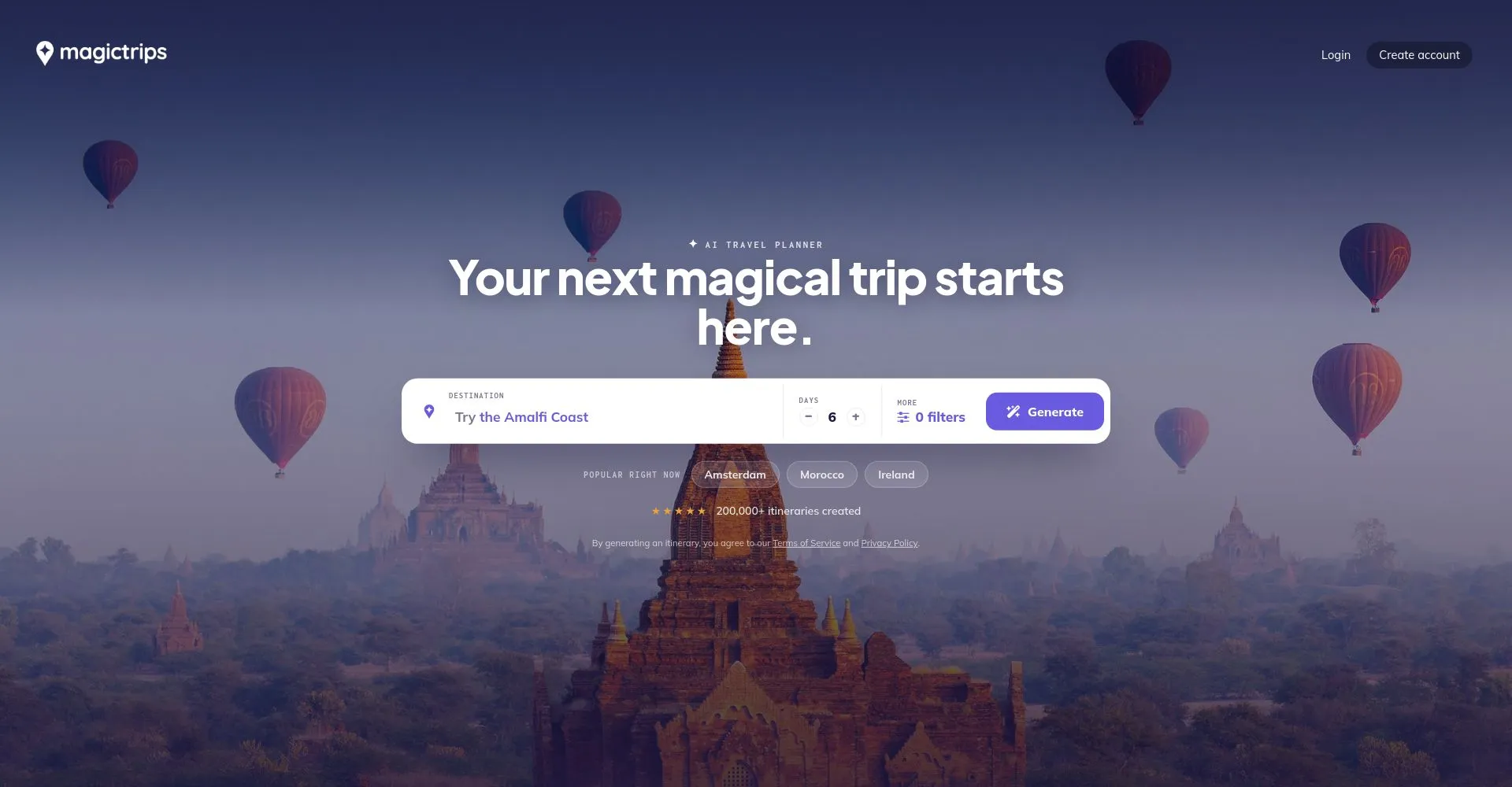 Página de inicio del planificador de viajes Magictrips con globos aerostáticos