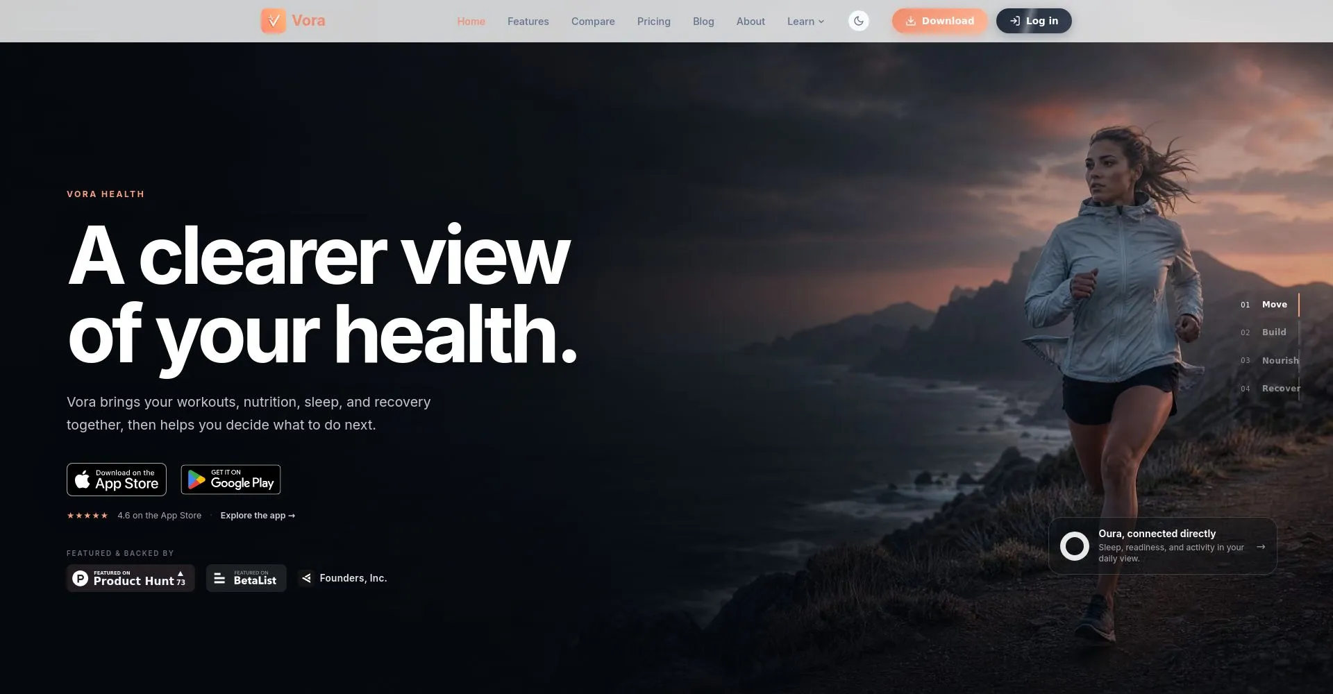 Captura de pantalla de la página de inicio de Vora Health mostrando a una persona corriendo al atardecer